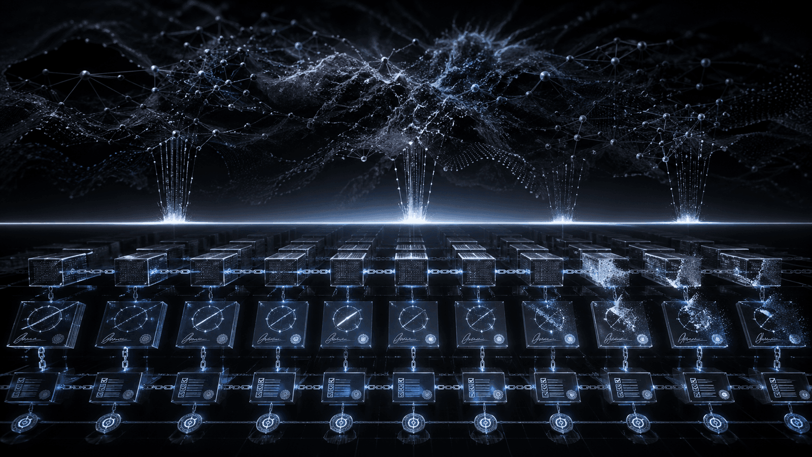 Diagram of a layered AI governance architecture. A starfield of agent activity is separated from the infrastructure below by a glowing horizontal boundary. Beneath the boundary, four stacked layers: chained policy blocks, signed policy artifacts, hexagonal scoped credentials, and a continuous evidence chain at the base.